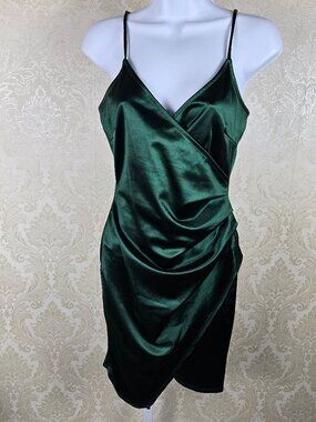 VNTG Size Medium Dark Green Spaghetti Strap Bodycon Party Dress Wrap Look NWOT
